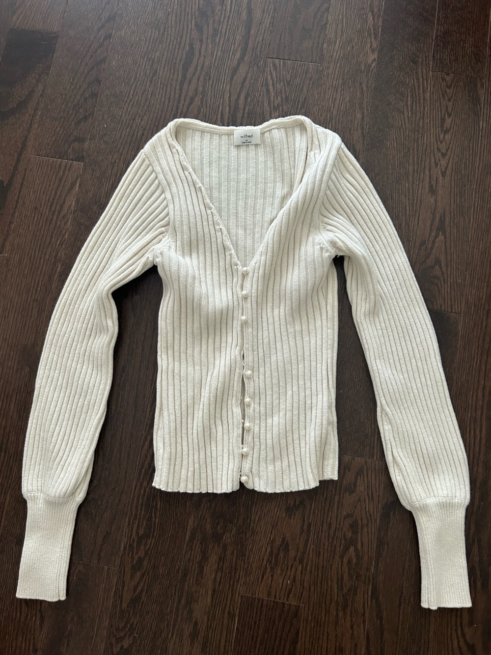 Wilfred pearl button down cardigan in cream colour size xs